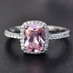 Pink Rectangular Princess Cut Halo Silver Ring